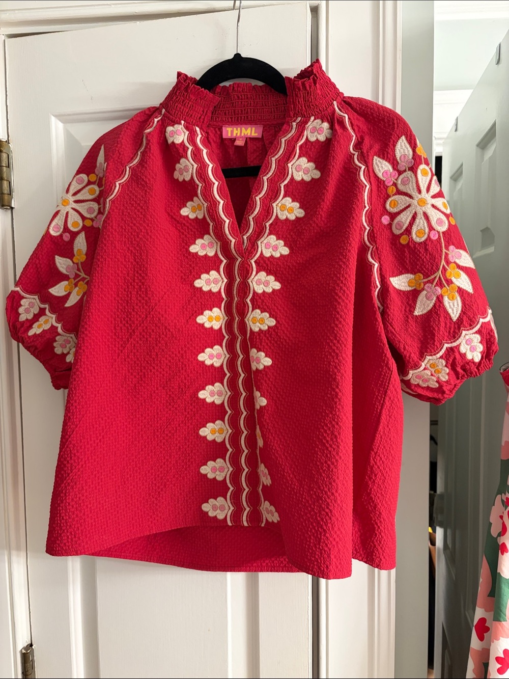 THML Bright Red Embroidered Puff Sleeve Blouse
